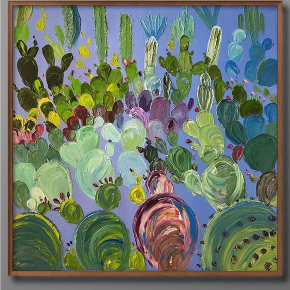 Purple Cactus Desert Garden painting 20x20” Original Oil On Canvas Palette Knife - Picture 3 of 7